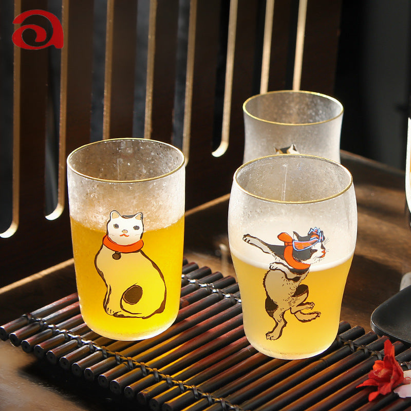 Beer Mug Gift Set Frosted Glass Japanese Edo Neko Cat Design Ukiyo-e Beer Glasses Set of 3 Made in Japan