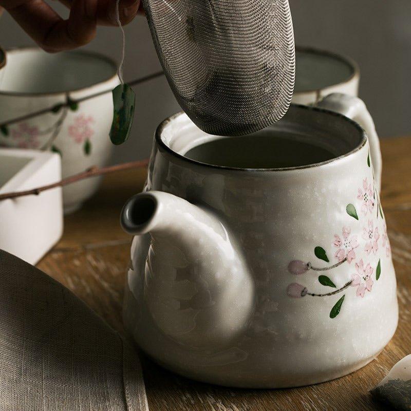 Ceramic Tea Set Japanese Handcrafted Glazed Sakura Teapot and 5 Cups Cherry Blossom Gift Set