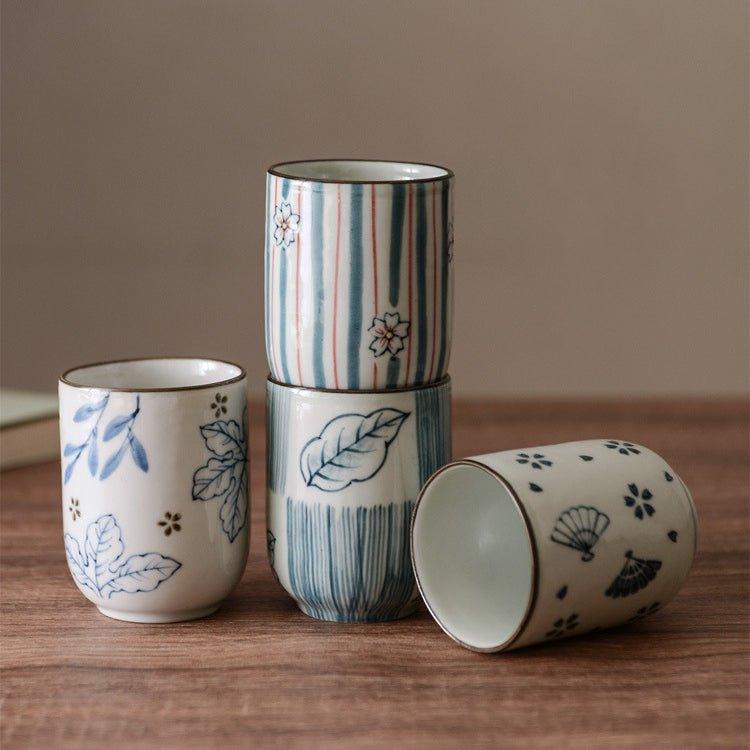 Ceramic Tea Cup Japanese Hand-Painted Leaves Fan Stripes Golden