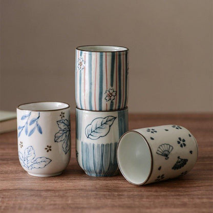 Ceramic Tea Cup Japanese Hand-Painted Leaves Fan Stripes Golden