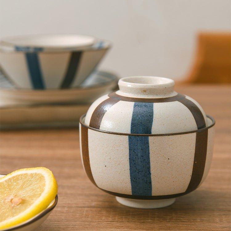 Ceramic Bowl with Lid Japanese Handcrafted Rounded Lidded Bowl Stripes Dotted Flower Styles