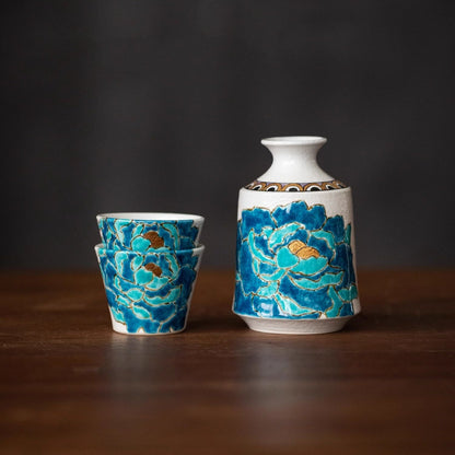 Japanese Sake Set – Kutaniyaki Gold Foil Blue Peony Artist Signed