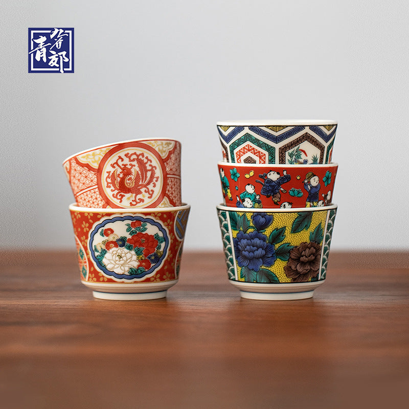 Japanese Tea Cup Set of 5 – Kutaniyaki Vintage Hand-Painted