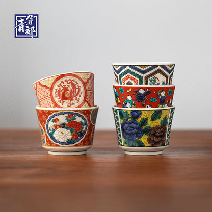 Japanese Tea Cup Set of 5 – Kutaniyaki Vintage Hand-Painted