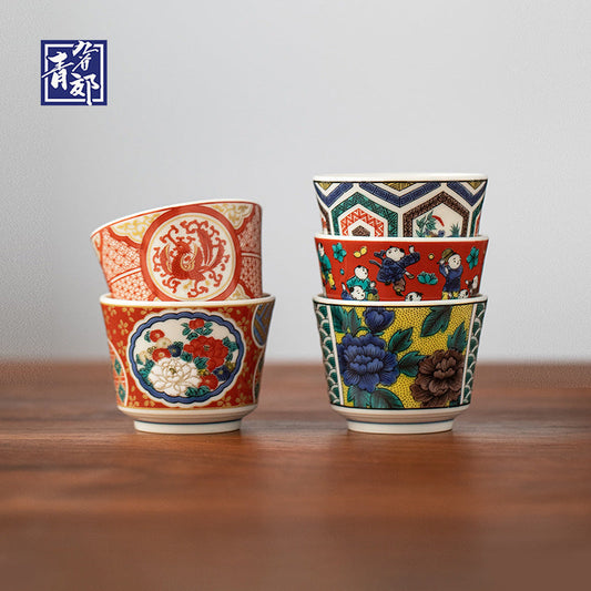 Japanese Tea Cup Set of 5 – Kutaniyaki Vintage Hand-Painted