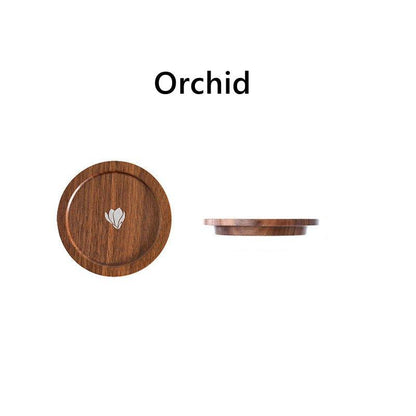 Japanese Walnut Wood Tea Cup Lid – Plum Butterfly Orchid Bird