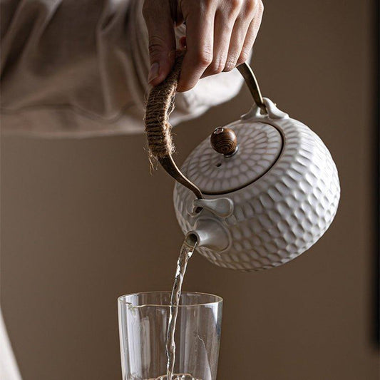 Ceramic Tea Kettle White Dimpled Candle Stove Warmer Set