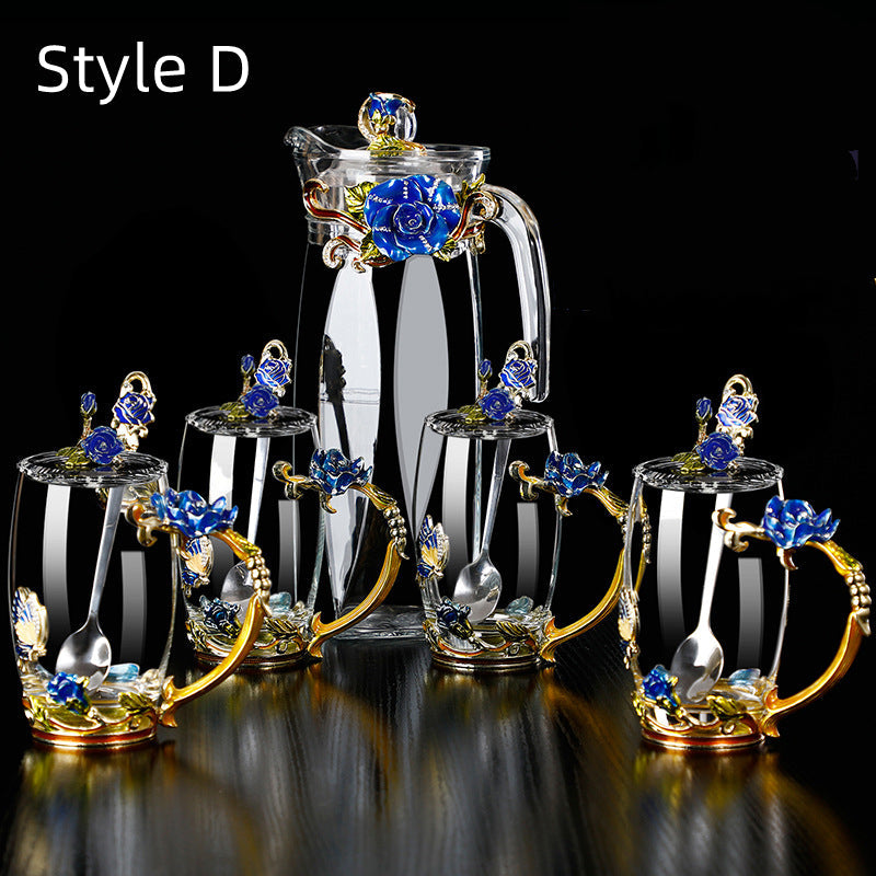 Glass Tea Cup Gift Set – Metallic Floral 4 Cups Jug Spoons