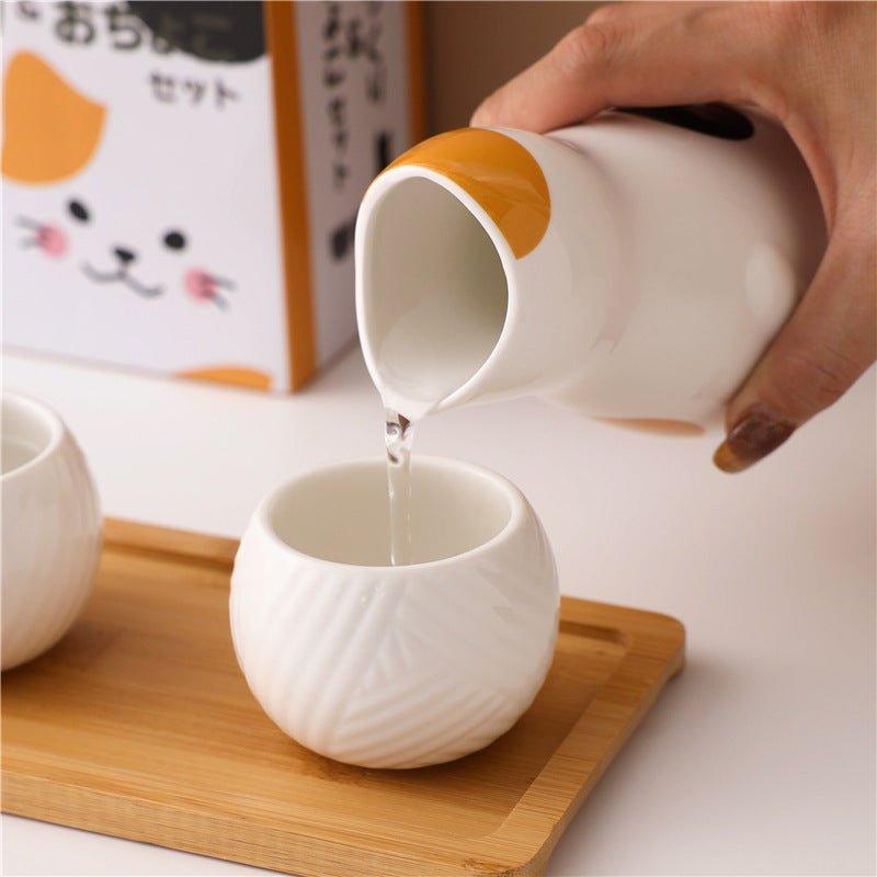 Ceramic Sake Set Kitten Japanese Handcrafted Flagon 2 Cups with Tray