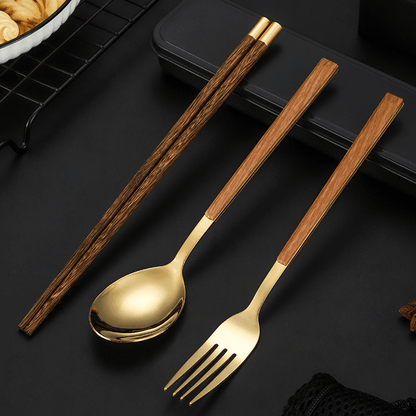 Chopsticks Fork Spoon Set | Stainless Steel & Wood Handle