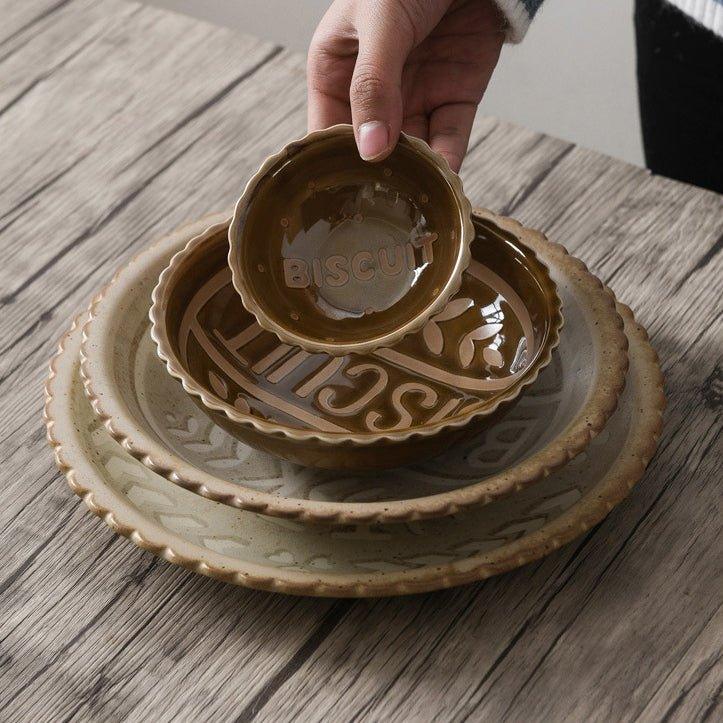 Ceramic Tableware Japanese Butter Biscuit Embossed Plate Bowl Set