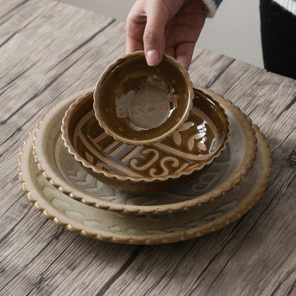 Ceramic Tableware Japanese Butter Biscuit Embossed Plate Bowl Set