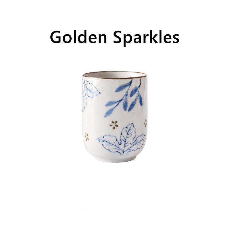 Ceramic Tea Cup Japanese Hand-Painted Leaves Fan Stripes Golden