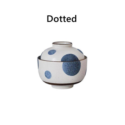 Ceramic Bowl with Lid Japanese Handcrafted Rounded Lidded Bowl Stripes Dotted Flower Styles