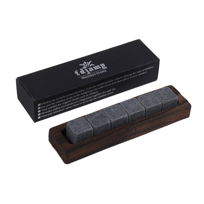 Whiskey Stones Set of 6 Natural Stone Ice Cubes with Wooden Tray – Chilling Rocks for Drinks