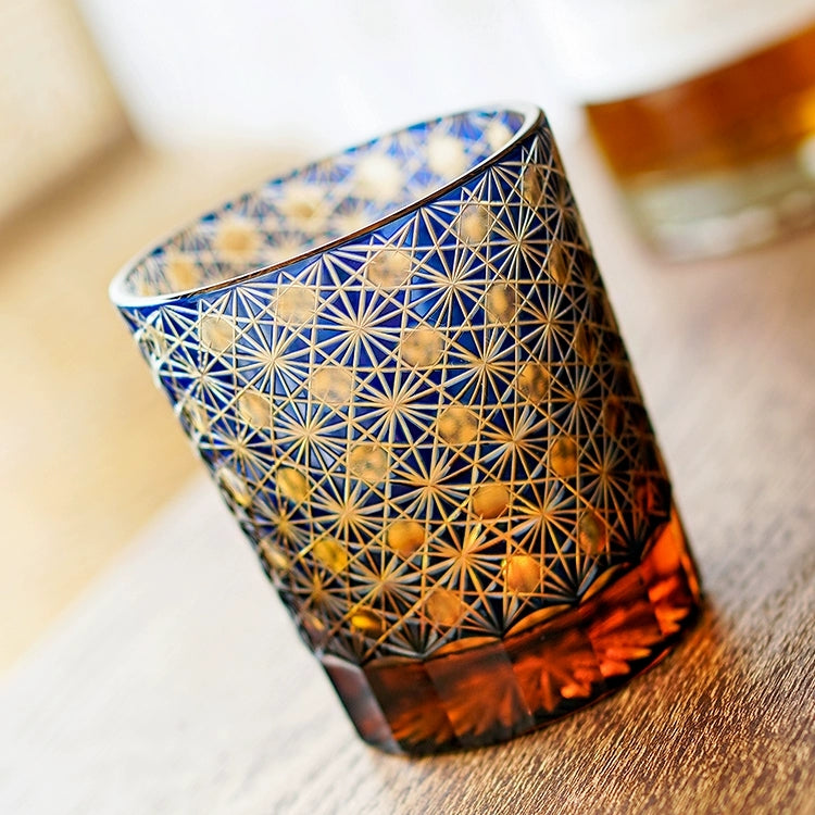 Whiskey Glass Edo Kiriko Star Chrysanthemum – Hand-Cut Japanese Tumbler with Wooden Box | Blue Amber & Red Amber