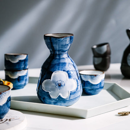 Japanese Sake Set – Sakura Ceramic 1 Flagon 4 Cups Blue Black