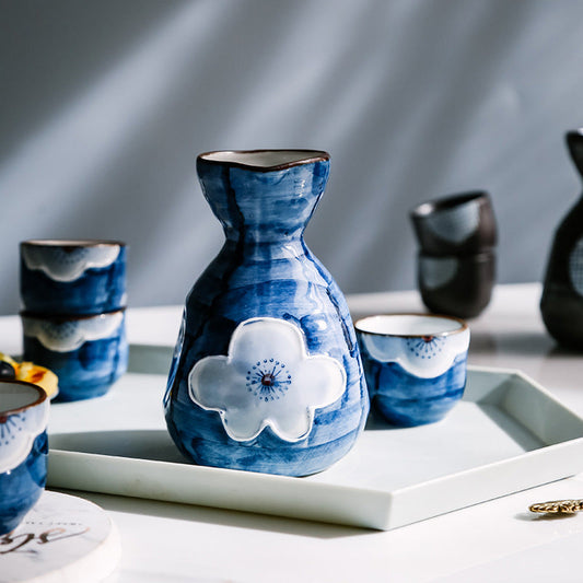 Japanese Sake Set – Sakura Ceramic 1 Flagon 4 Cups Blue Black