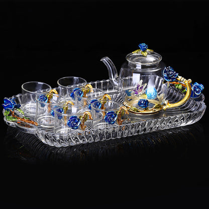 Glass Teapot & Cup Set – Metallic Floral 6 Cups Red Blue
