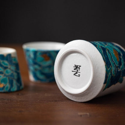 Japanese Sake Set – Kutaniyaki Gold Foil Blue Peony Artist Signed