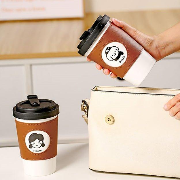 Reusable Coffee Cup Ceramic with Leather Sleeve & Lid – Eco-Friendly Travel Mug | Boy, Girl & Doggie