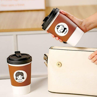 Reusable Coffee Cup Ceramic with Leather Sleeve & Lid – Eco-Friendly Travel Mug | Boy, Girl & Doggie