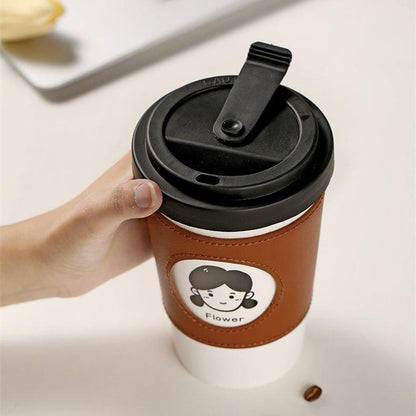 Reusable Coffee Cup Ceramic with Leather Sleeve & Lid – Eco-Friendly Travel Mug | Boy, Girl & Doggie