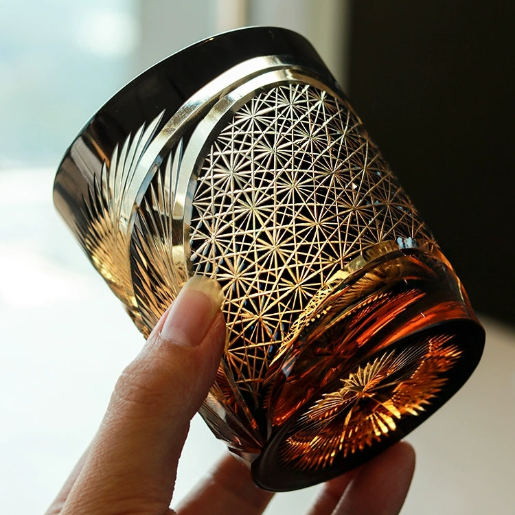 Whiskey Glass Edo Kiriko Crane Feather – Hand-Cut Japanese Tumbler with Wooden Box | 5 Amber Colors