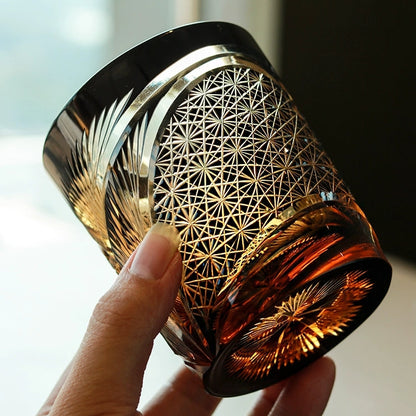 Whiskey Glass Edo Kiriko Crane Feather – Hand-Cut Japanese Tumbler with Wooden Box | 5 Amber Colors