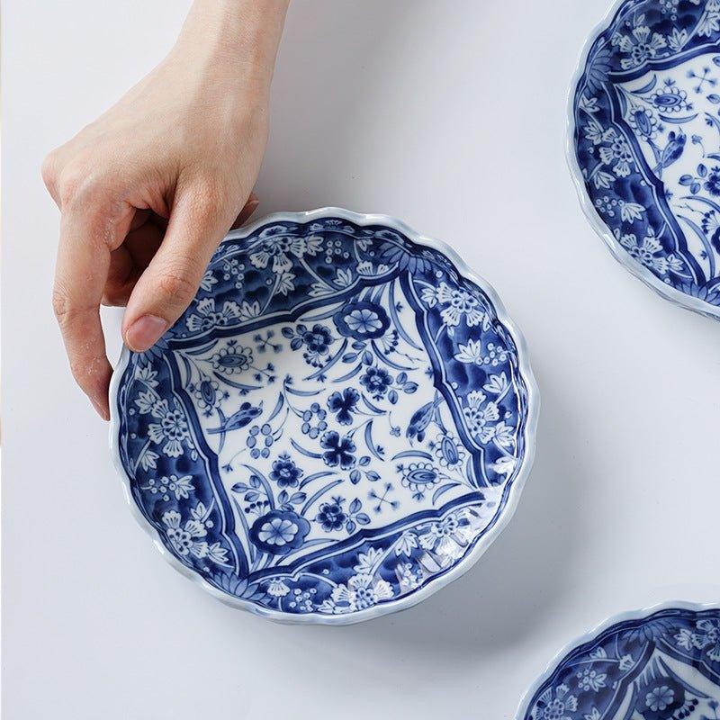 Blue and White Ceramic Bowl and Plate Japanese Handcrafted Traditional Nature Floral Design