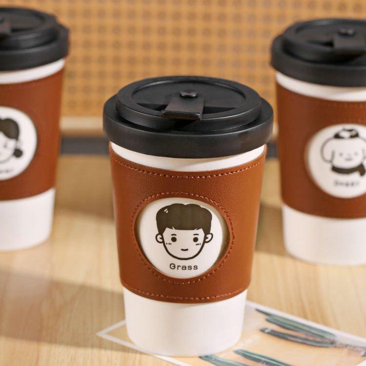 Reusable Coffee Cup Ceramic with Leather Sleeve & Lid – Eco-Friendly Travel Mug | Boy, Girl & Doggie