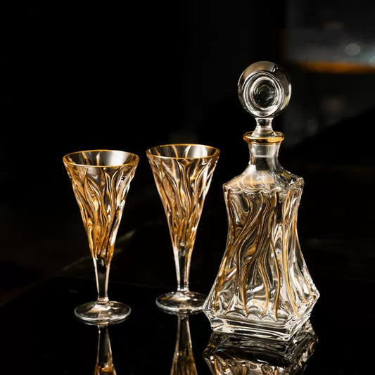 Wine Glass Set Bohemia Crystal Luxury Gold Detail Czech Crystal Wine Champagne Glass Decanter Set Gift Box