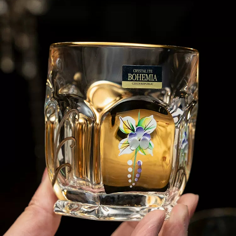 Whisky Glass Decanter Set Bohemia Gold Enamel Flower Czech Crystal Short Tall Whisky Glass Decanter Gift Box