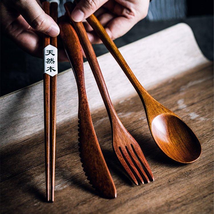 Wooden Utensil Set | Japanese Minimalist Chopsticks Fork Spoon Knife with Fabric Bag