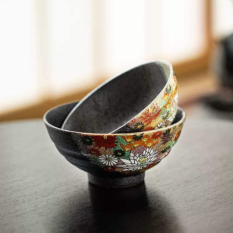 Japanese Couple Rice Bowl Set – Kutaniyaki Gold Floral Meoto