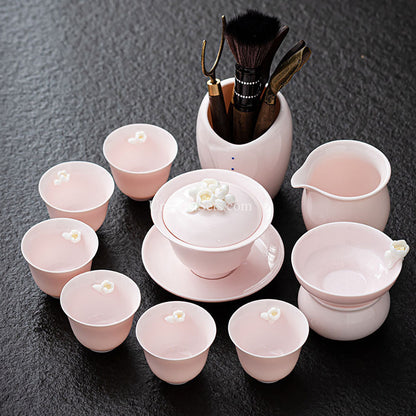 Porcelain Tea Set Pink Jasmine Gaiwan 6 Cups Utensils Gift