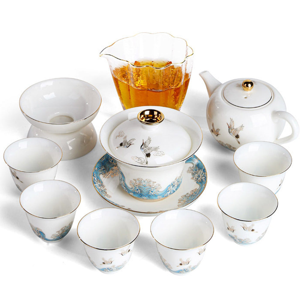 Dehua Suet Jade Porcelain Tea Set 11pc | Red-Crowned Crane