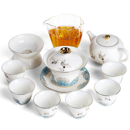 Dehua Suet Jade Porcelain Tea Set 11pc | Red-Crowned Crane