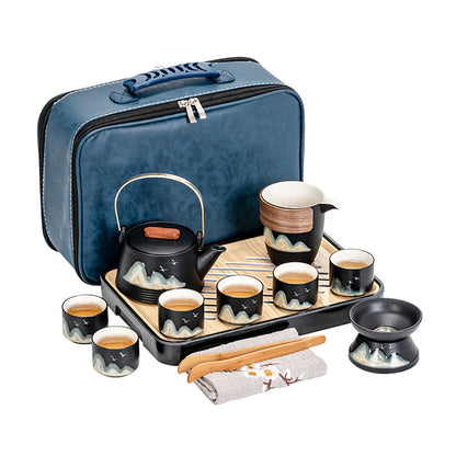 Travel Tea Set Black Pottery Green Hill 11-Piece