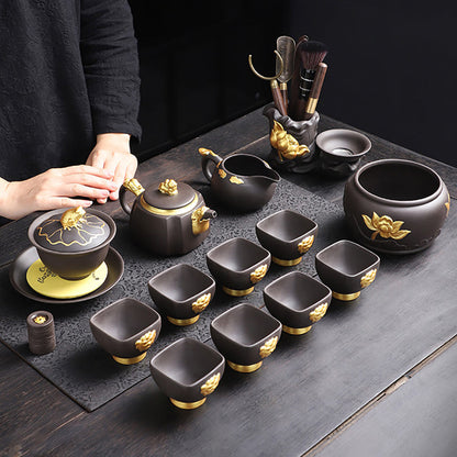 Kung Fu Tea Set Purple Clay Black Gold Dragon 15-Piece