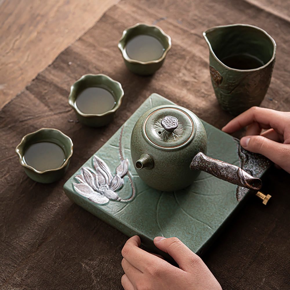 Lotus Tea Set Coarse Pottery Kyusu Teapot Cups Tray 6-Piece