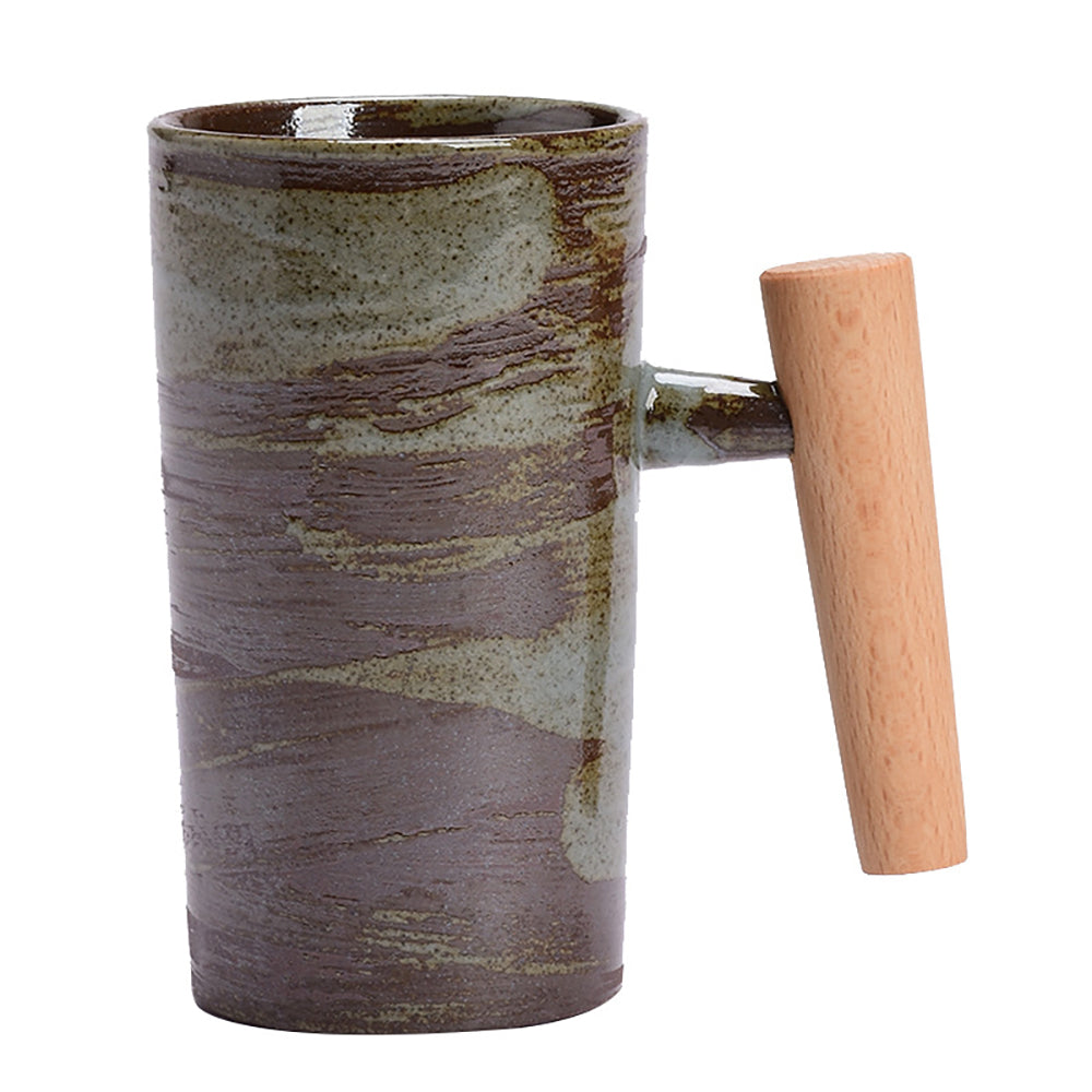 Ceramic Mug Wooden Handle Glaze Brush Vintage Green Brown