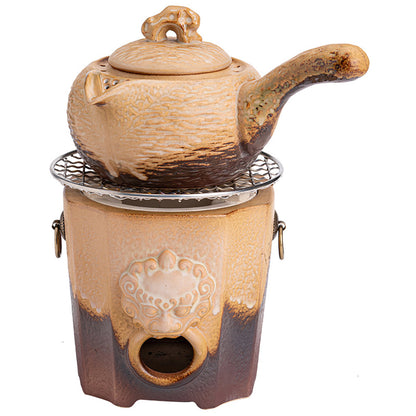 Clay Tea Set with Charcoal Stove Open Flame Teapot Handcrafted