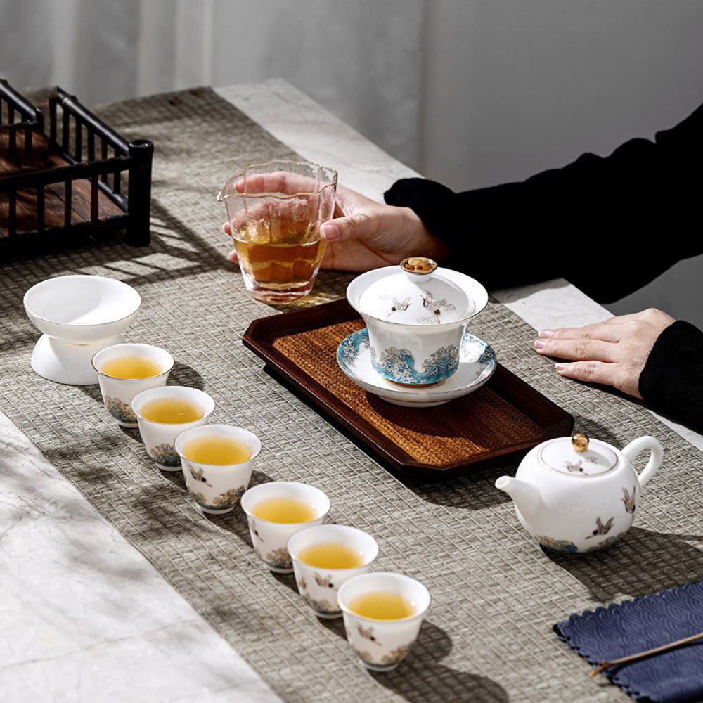 Dehua Suet Jade Porcelain Tea Set 11pc | Red-Crowned Crane