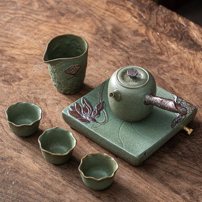 Lotus Tea Set Coarse Pottery Kyusu Teapot Cups Tray 6-Piece