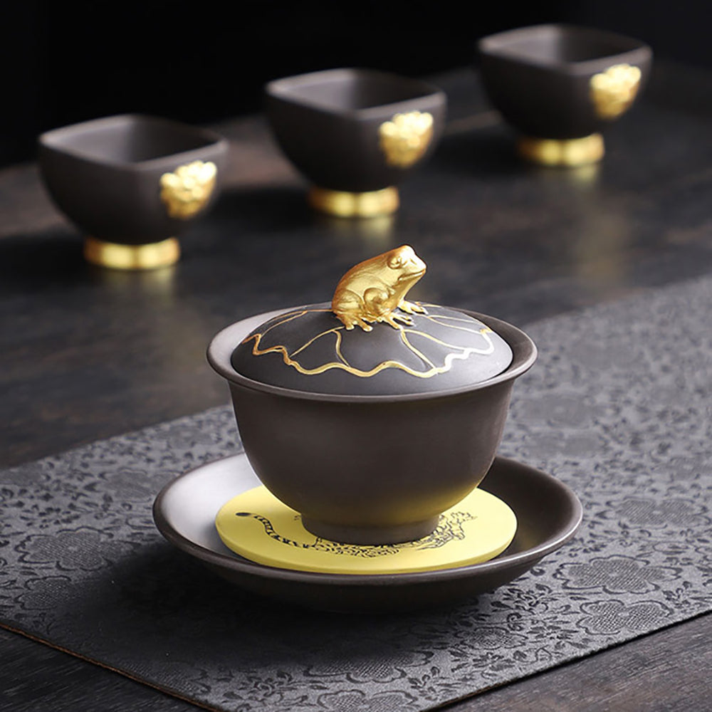 Kung Fu Tea Set Purple Clay Black Gold Dragon 15-Piece