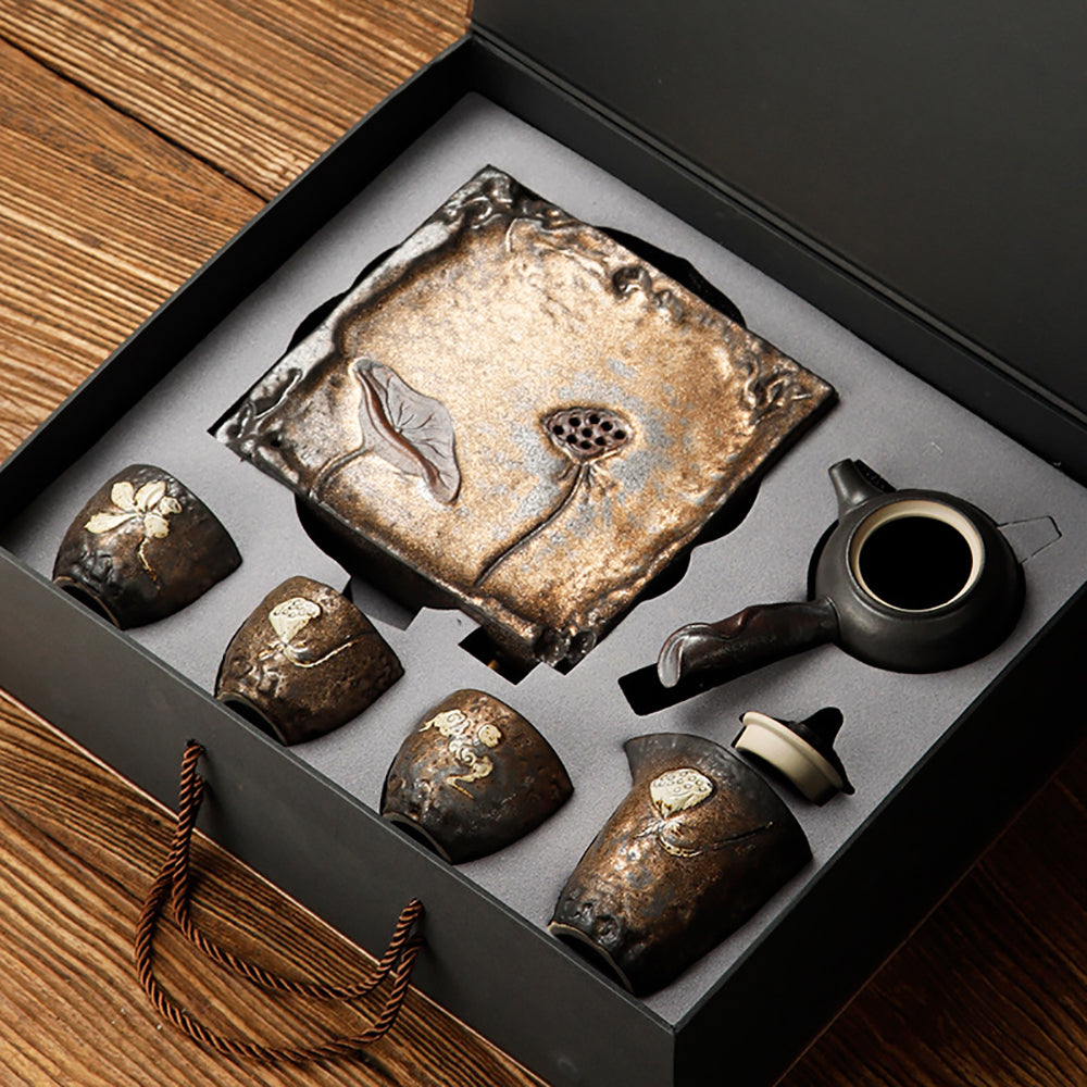 Lotus Tea Set – Hand-Carved Clay Teapot Set with Tray