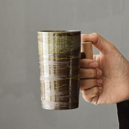 Ceramic Mug Wooden Handle Glaze Brush Vintage Green Brown