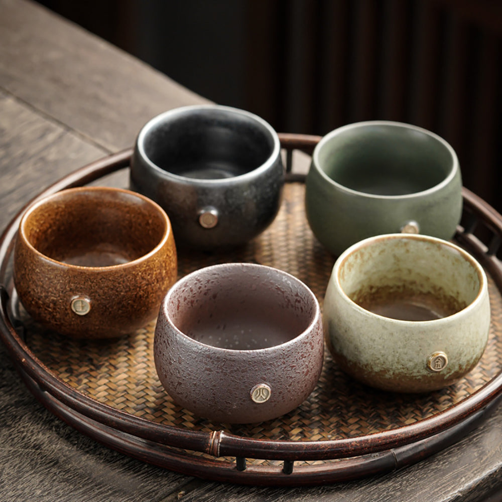 Kung Fu Tea Cups Set of 5 Kiln Change Coarse Pottery 100ml
