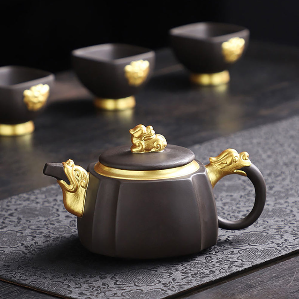 Kung Fu Tea Set Purple Clay Black Gold Dragon 15-Piece
